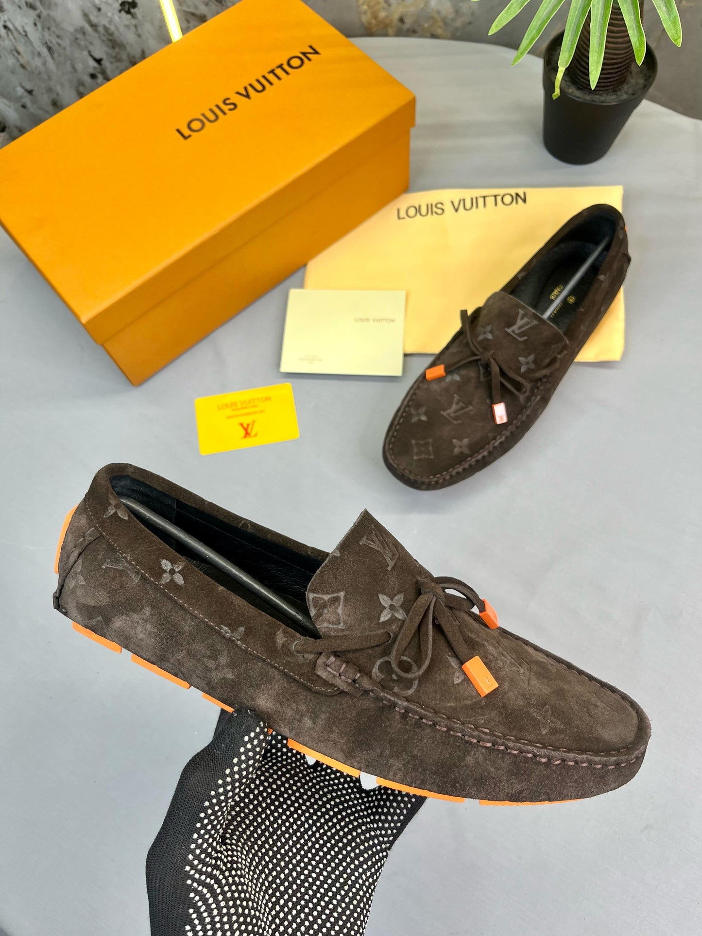 Louiss Vuittion Suede Embossed Luxury Loafers ( BROWN)