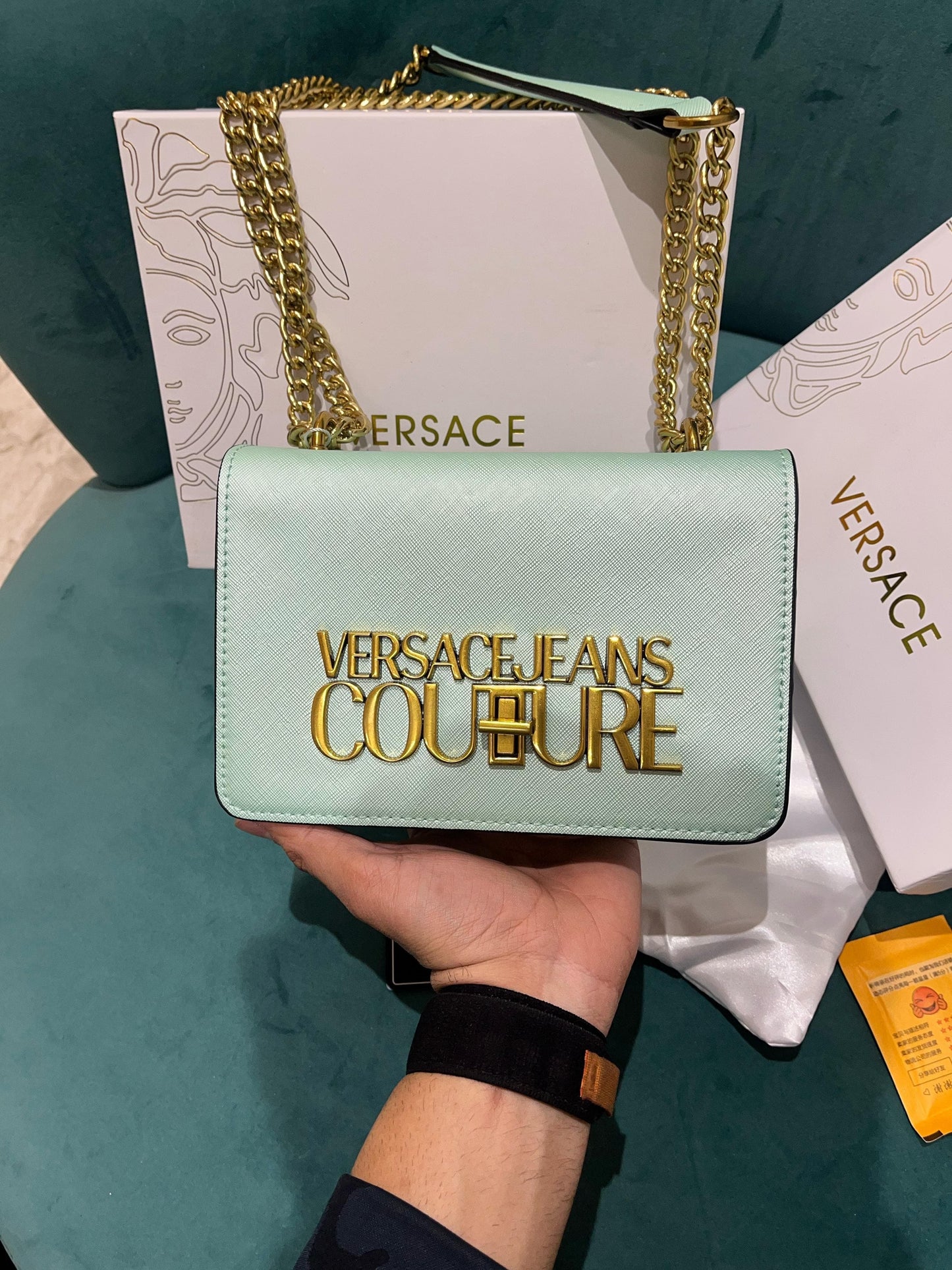 *Versace Jeans Couture Saffiano Lock Crossbody Bag (Pistachio Green)🤍💯