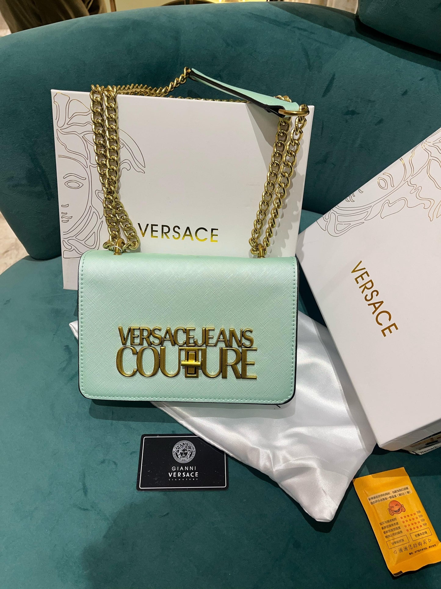 *Versace Jeans Couture Saffiano Lock Crossbody Bag  (Pistachio Green)🤍💯
