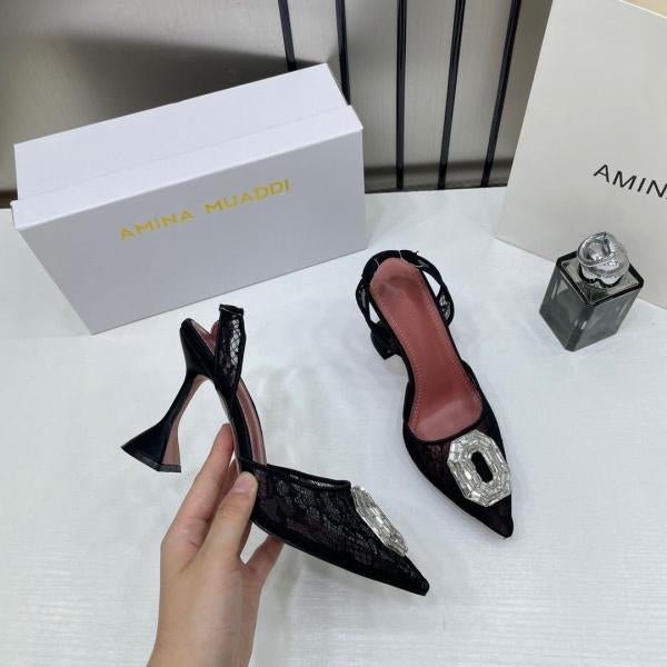 Amina Muaddi Camellia Crystal Embellished Lace SlingBack Black Heels