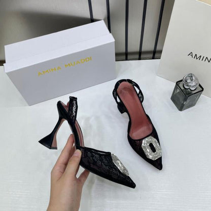 Amina Muaddi Camellia Crystal Embellished Lace SlingBack Black Heels