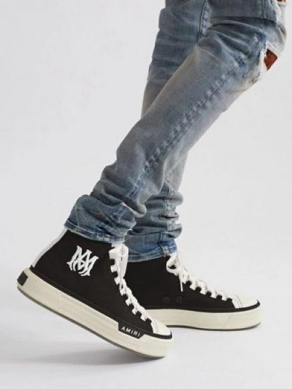 AMIRRI Ma court leather trimmed canvas high top sneakers black